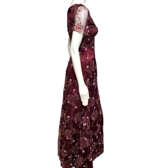 Romantic Womens Burgundy Red Tulle Dress with Floral Embellishments Size Small - Picture 14 of 16